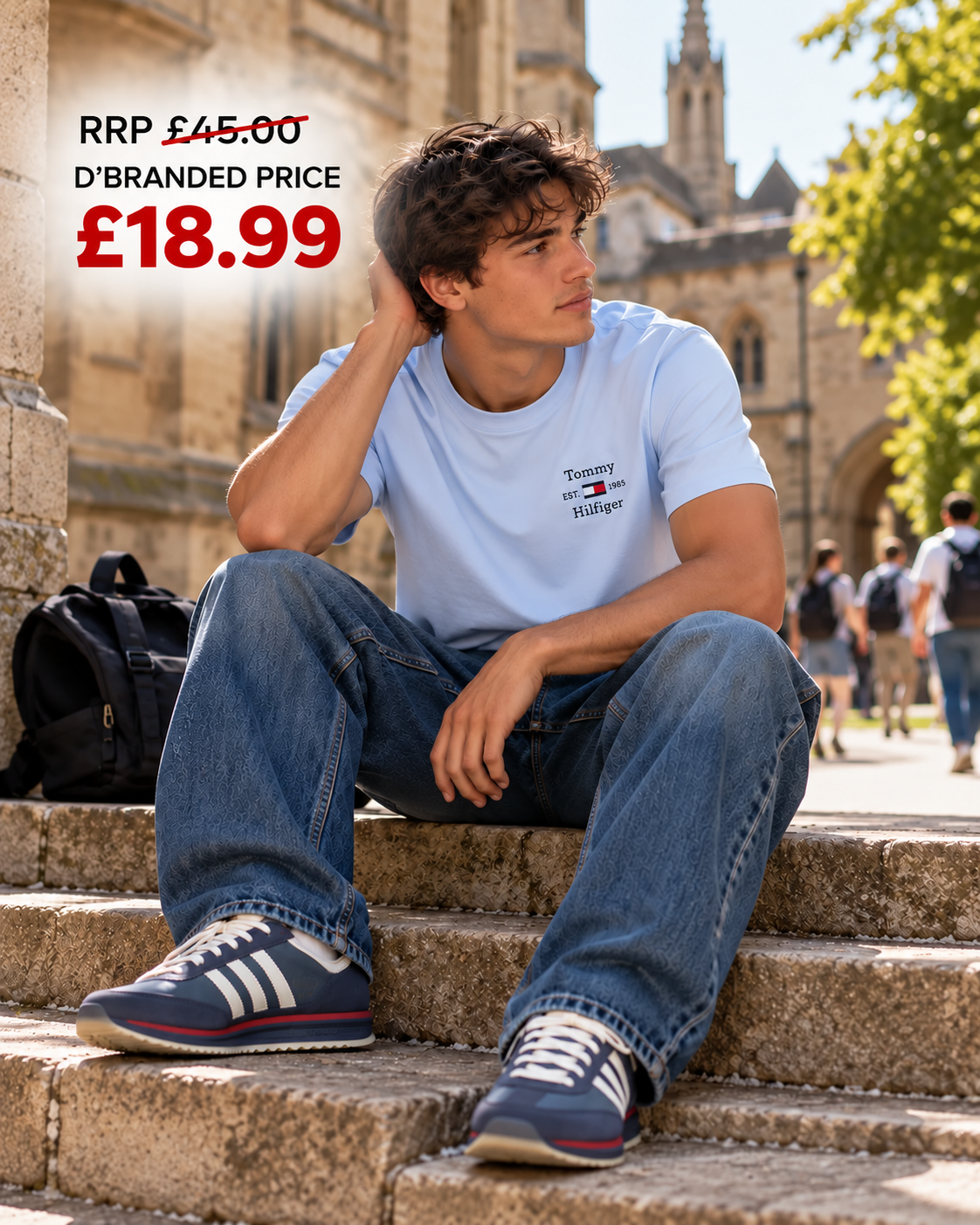 Colour: Breezy Sky | Tommy Hilfiger Stack T-shirt lifestyle RRP £45.00 D’BRANDED £18.99