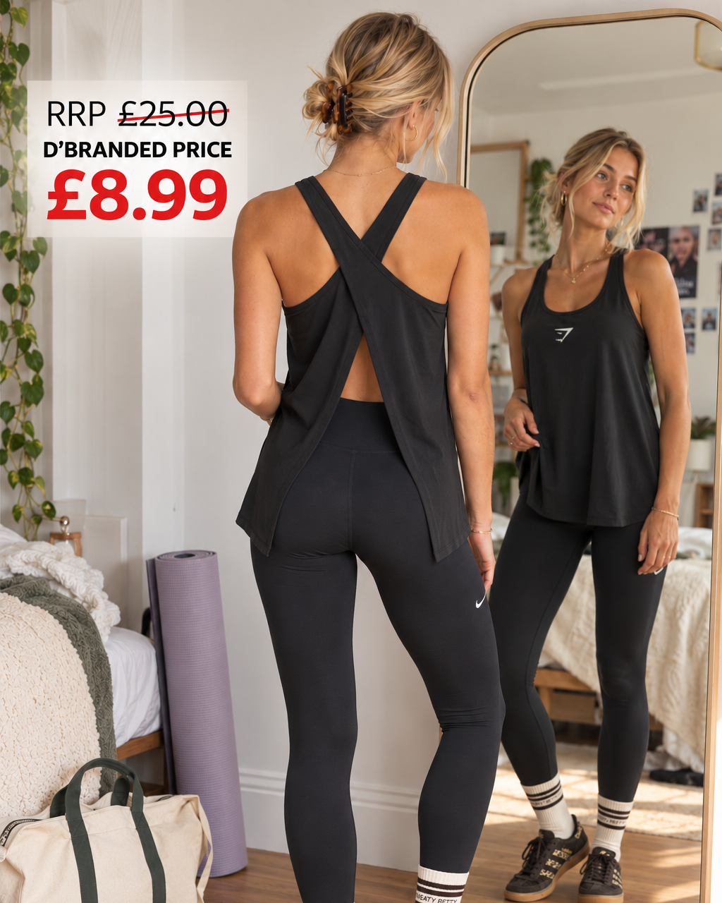 Colour: Black | Ex Gymshark Ark Switchback Yoga Vest back view in mirror lifestyle image Colour: Black