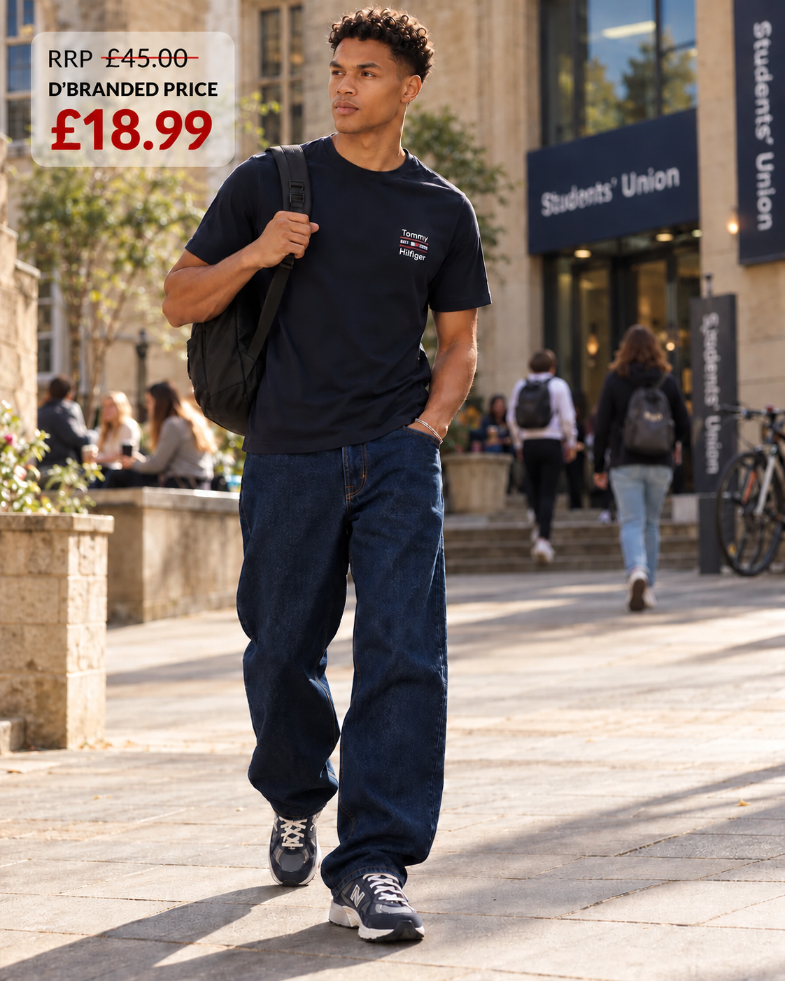Colour: Dessert Sky | Tommy Hilfiger Stack tee campus lifestyle RRP £45.00 D’BRANDED £18.99